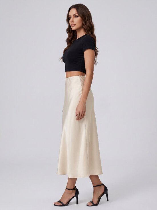 Dresses & Skirts - Women's Beige Satin Maxi Skirt High Waist Bias Cut Wedding Guest Slip Style